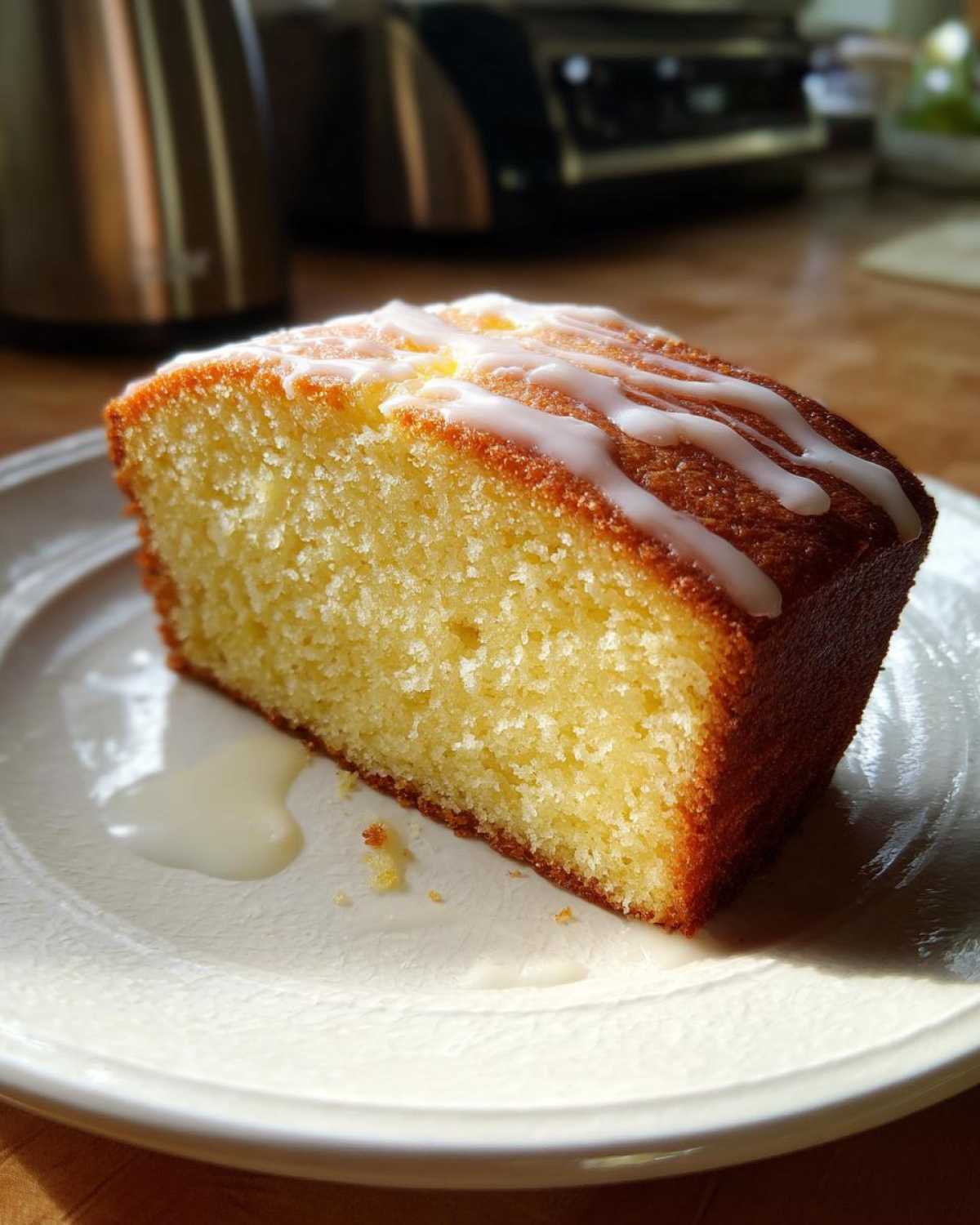 A moist slice of yellow olive oil cake drizzled with white icing, sitting on a white plate.