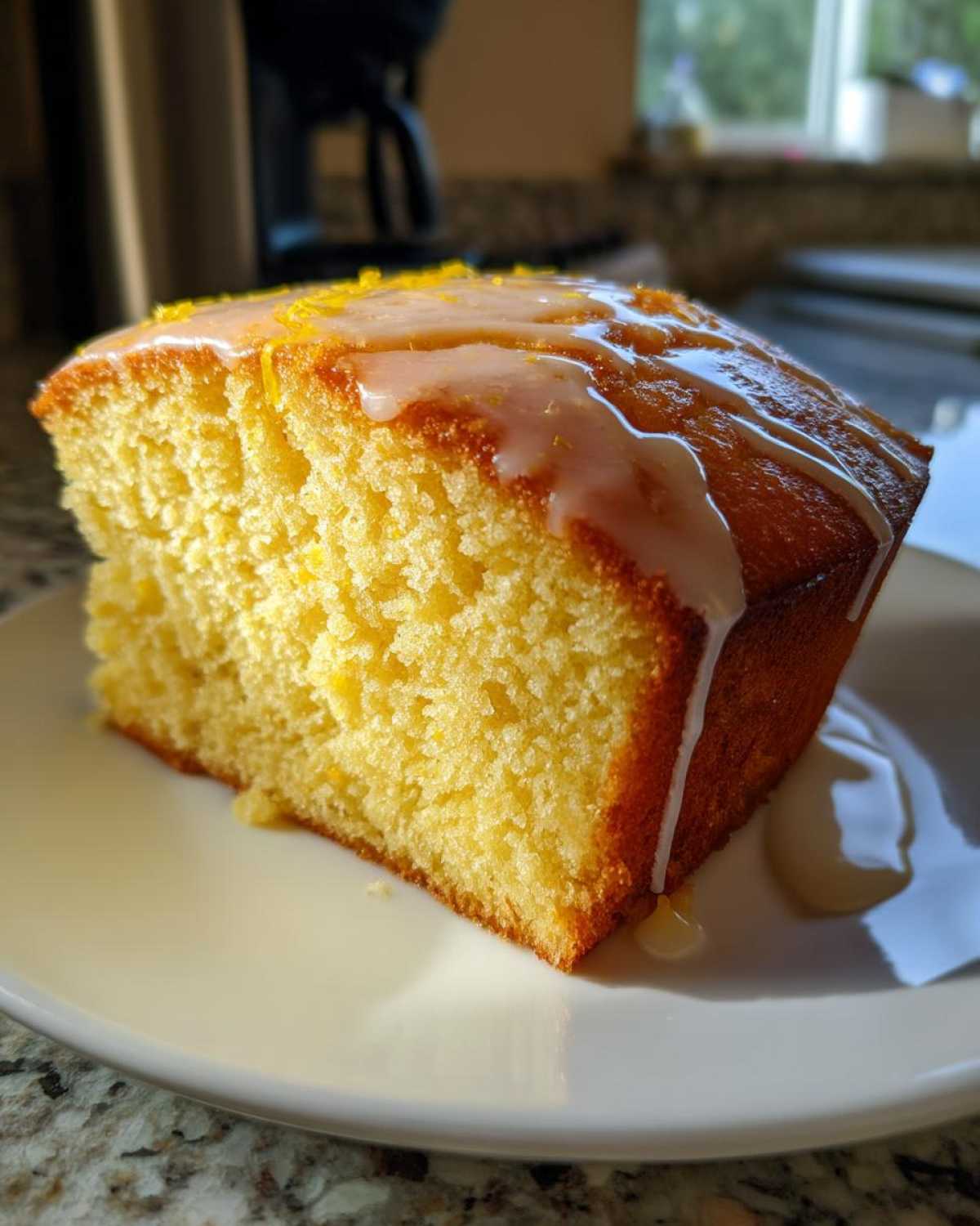 Close-up of a moist slice of yellow olive oil cake topped with a dripping lemon glaze and zest.