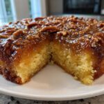 A slice cut from a moist pecan upside down cake showing the sticky, glazed pecan topping and tender yellow cake base.