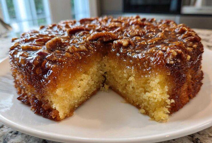 A slice cut from a moist pecan upside down cake showing the sticky, glazed pecan topping and tender yellow cake base.