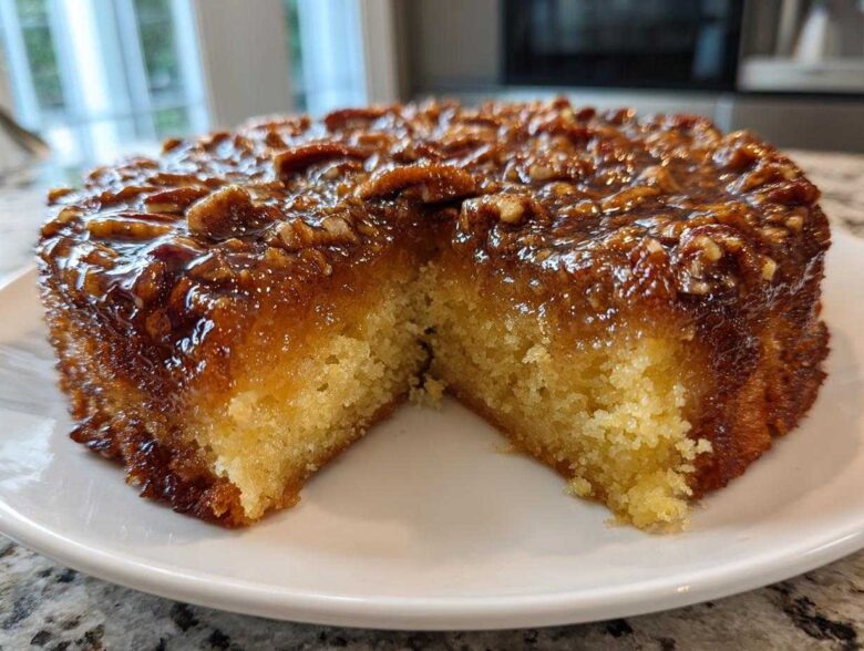 A slice cut from a moist pecan upside down cake showing the sticky, glazed pecan topping and tender yellow cake base.