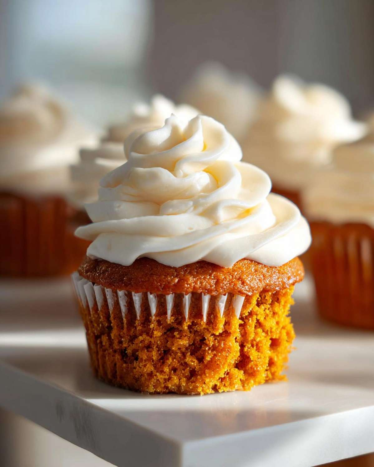 Close-up of a moist pumpkin spice cupcake with a tall swirl of white cream cheese frosting.