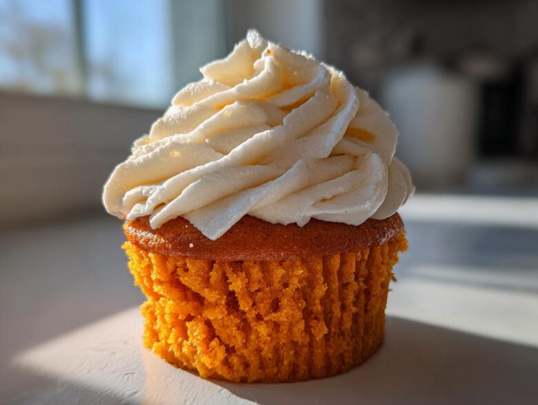 Close-up of a single, moist pumpkin spice cupcake topped with a swirl of white cream cheese frosting.