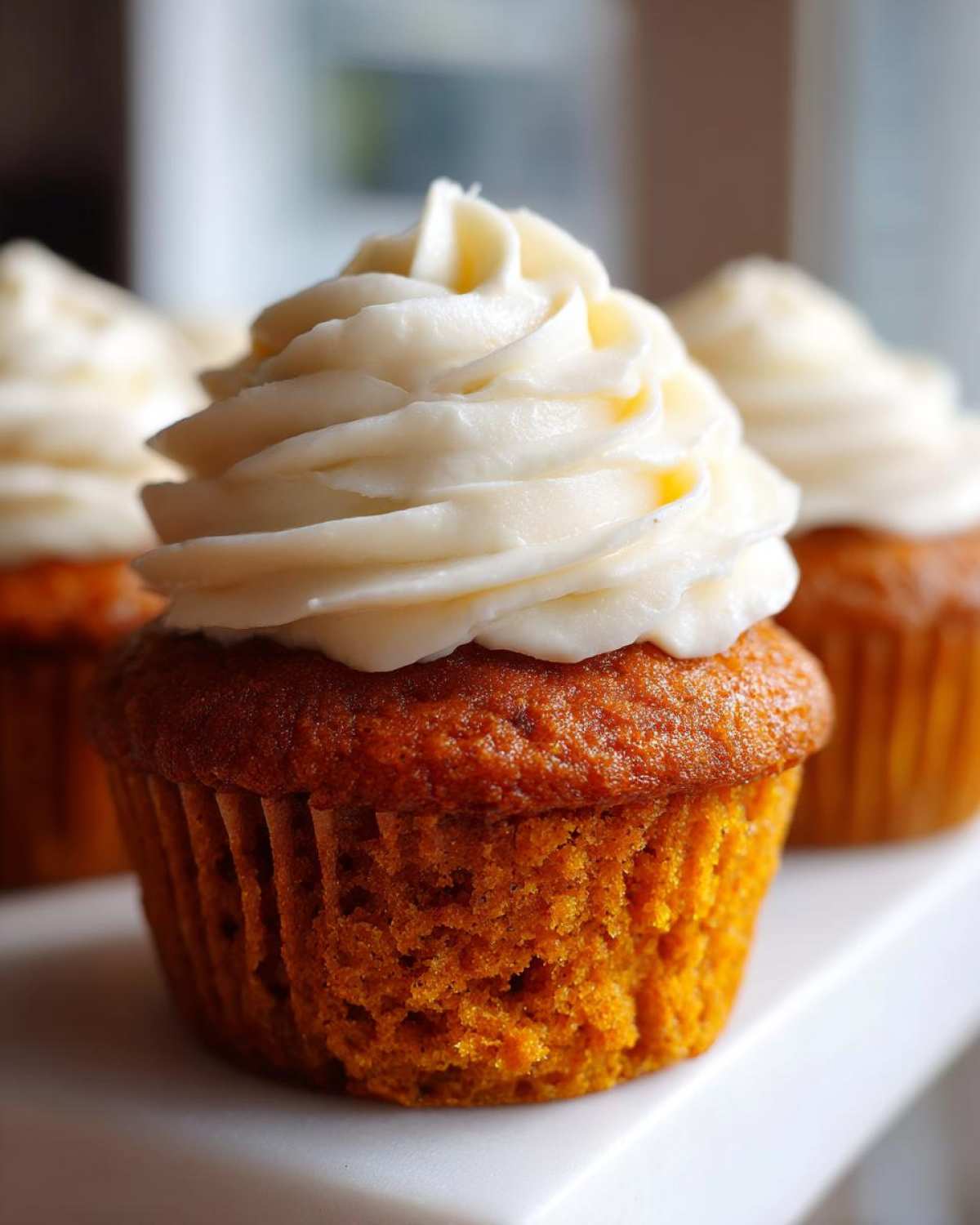 A close-up of a moist pumpkin spice cupcake topped with a swirl of white cream cheese frosting, with other cupcakes blurred in the background.