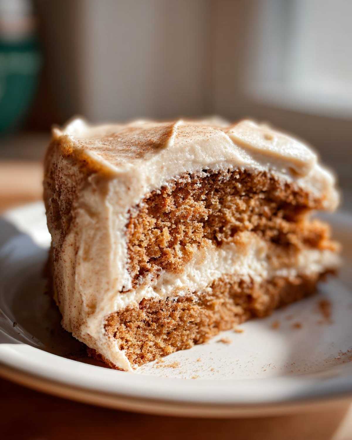 Close-up of a moist slice of spice cake layered with cream cheese frosting and dusted with cinnamon.