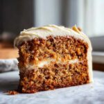 Close-up of a moist slice of spice cake layered with cream cheese frosting.