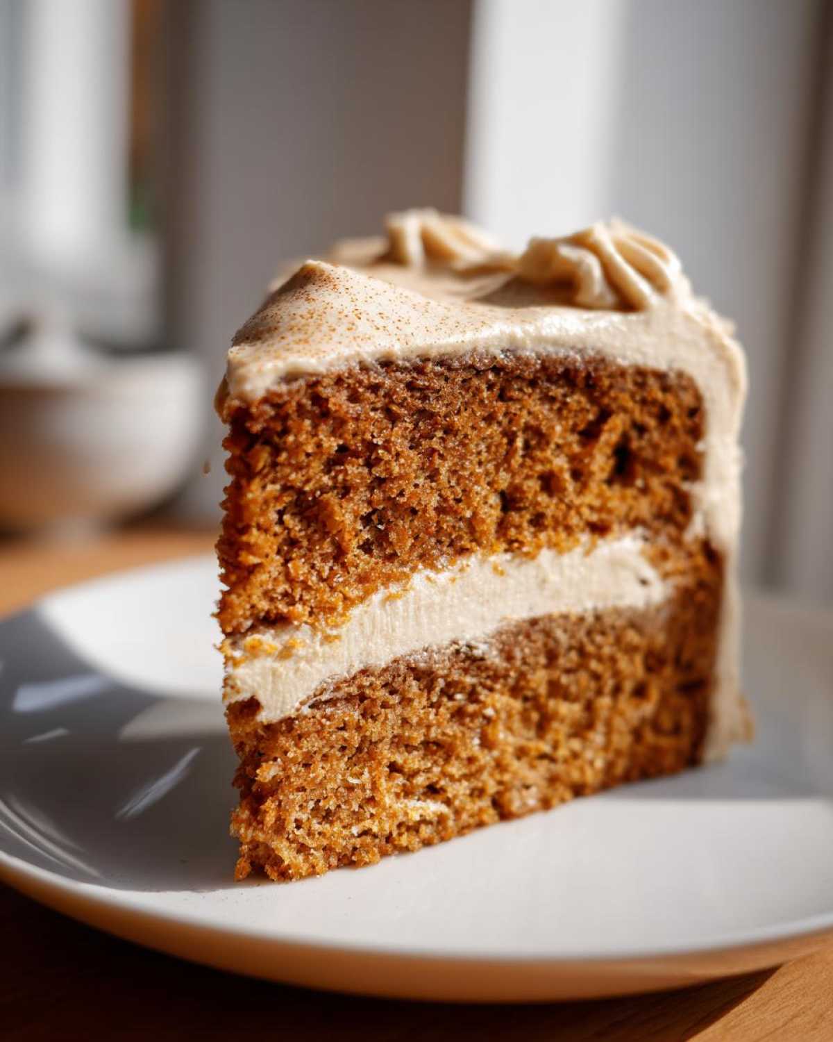 Close-up of a moist slice of brown spice cake layered with cream cheese frosting, dusted with cinnamon.