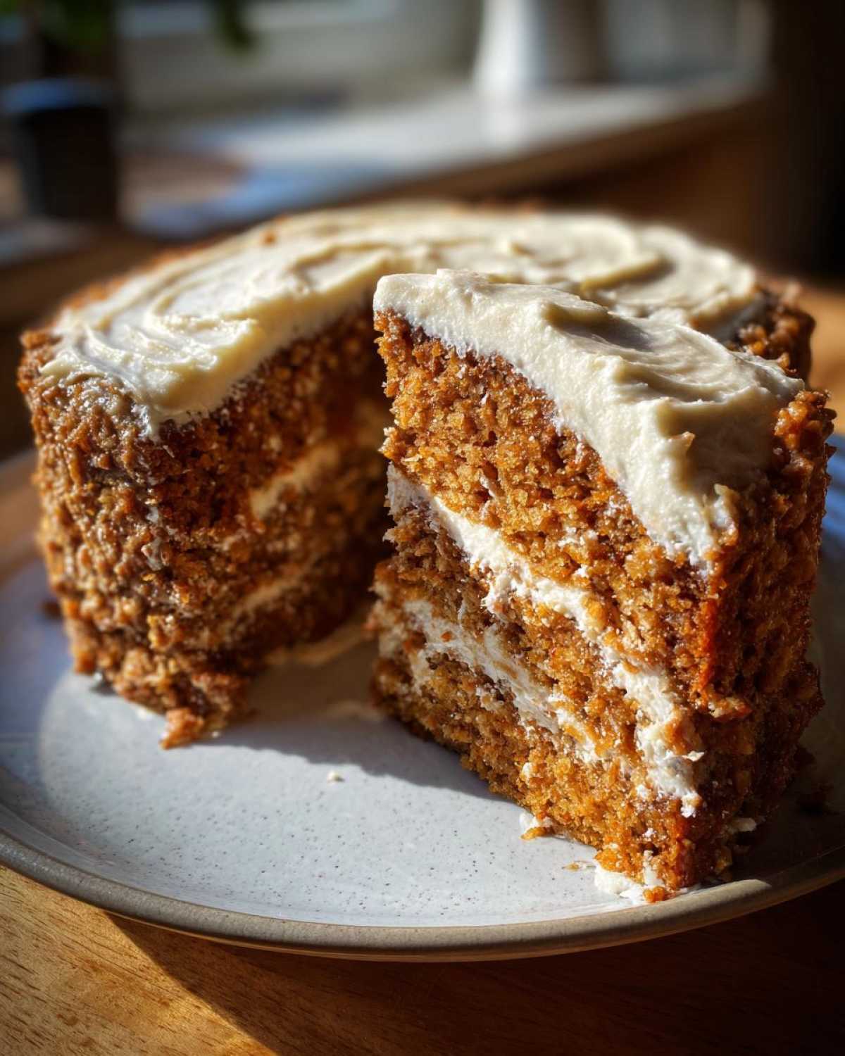 A close-up of a moist slice cut from a layered carrot spice cake topped with thick cream cheese frosting.