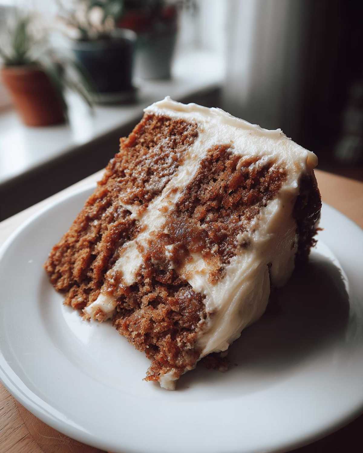A close-up of a moist slice of spice cake layered with thick cream cheese frosting, sitting on a white plate.