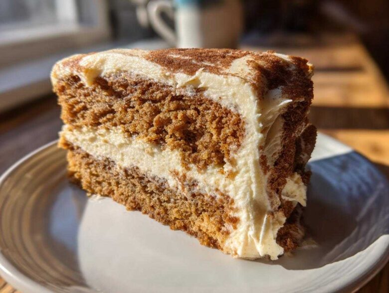 Close-up of a moist slice of spice cake layered with cream cheese frosting and dusted with cinnamon.