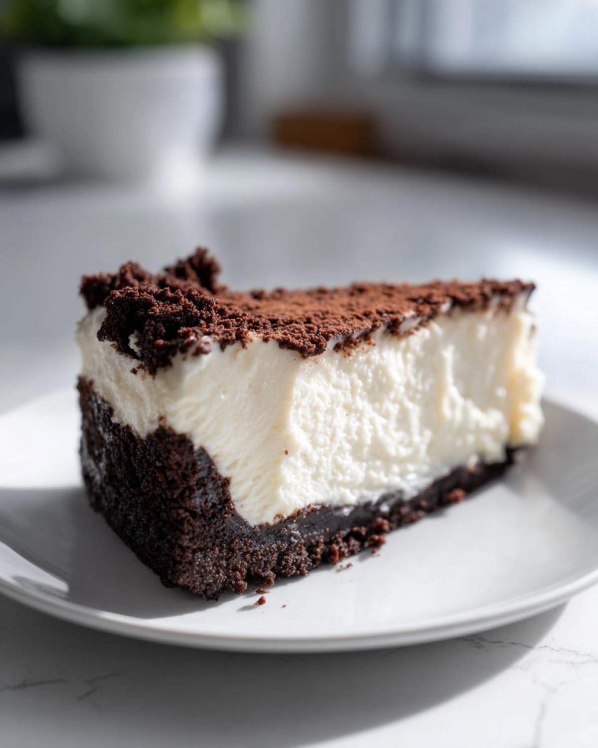 A perfect slice of creamy No bake cheesecake with a thick dark chocolate crust and cocoa dusting.
