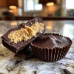 Close-up of two homemade peanut butter cups; one is cut in half revealing the creamy peanut butter filling inside the chocolate shell.