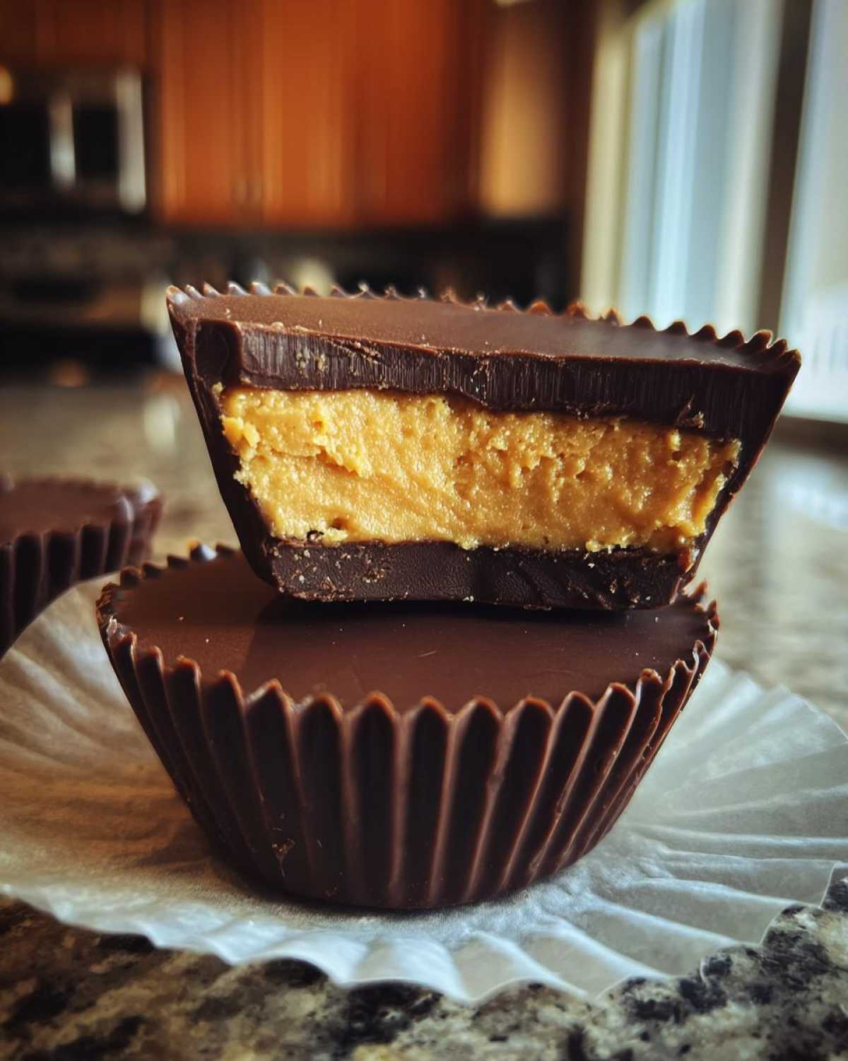 Close-up of a homemade peanut butter cups, cut in half to show the thick peanut butter filling inside the chocolate shell.