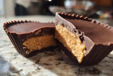 Close-up of homemade peanut butter cups cut in half showing the thick peanut butter filling and chocolate shell.