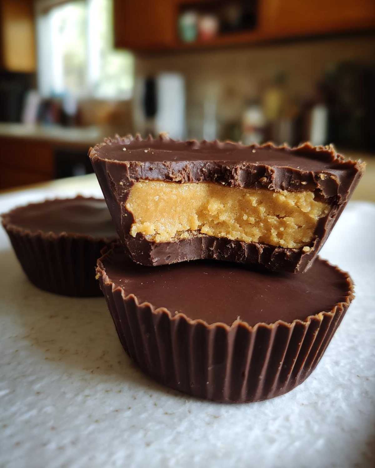 Close-up of homemade peanut butter cups, one cut in half showing the creamy filling inside the chocolate shell.