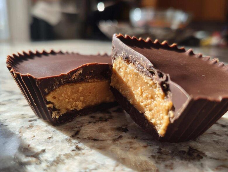 Close-up of homemade peanut butter cups cut in half showing the thick peanut butter filling and chocolate shell.