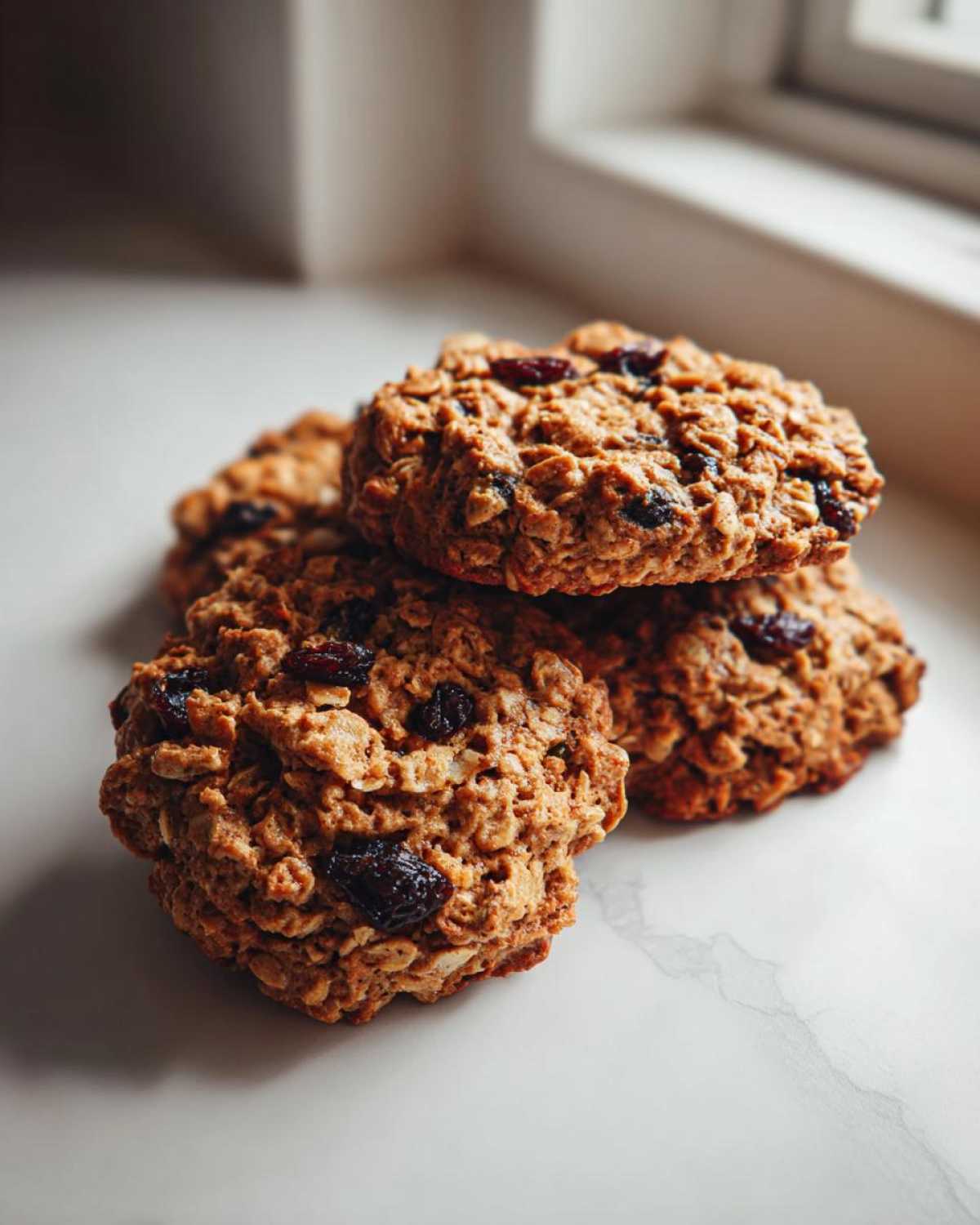 A small stack of freshly baked oatmeal raisin cookies resting on a light countertop near a window.