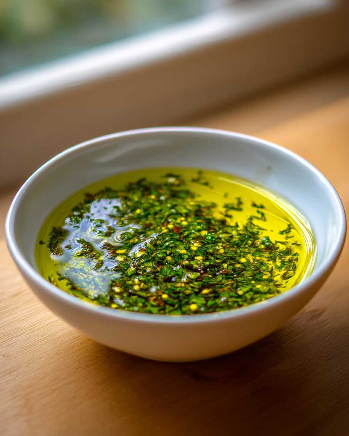 Close-up of a white bowl filled with bright yellow olive oil bread dip topped with finely chopped green herbs and spices.
