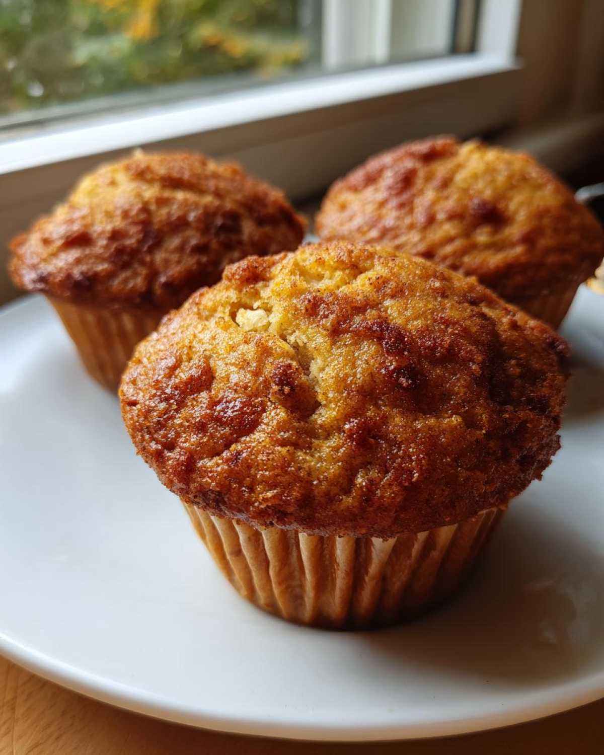 Close-up of three freshly baked apple muffins with golden, slightly crisp tops, resting on a white plate.
