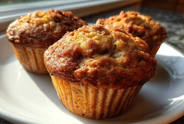 Close-up of three freshly baked, golden brown apple muffins sitting on a white plate near a window.