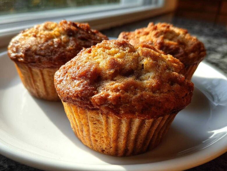 Close-up of three freshly baked, golden brown apple muffins sitting on a white plate near a window.