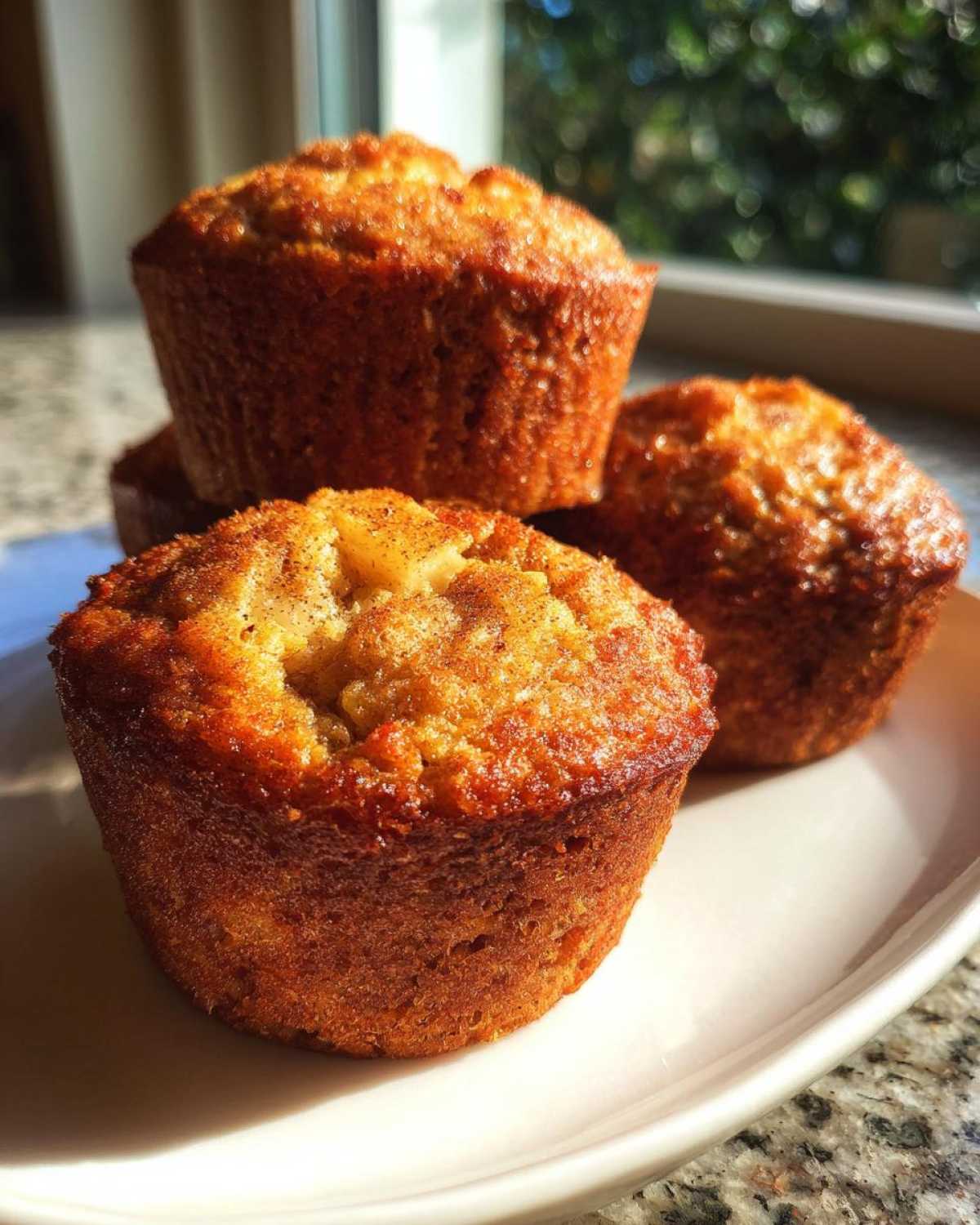 Close-up of three golden brown, freshly baked apple muffins dusted with cinnamon on a white plate.
