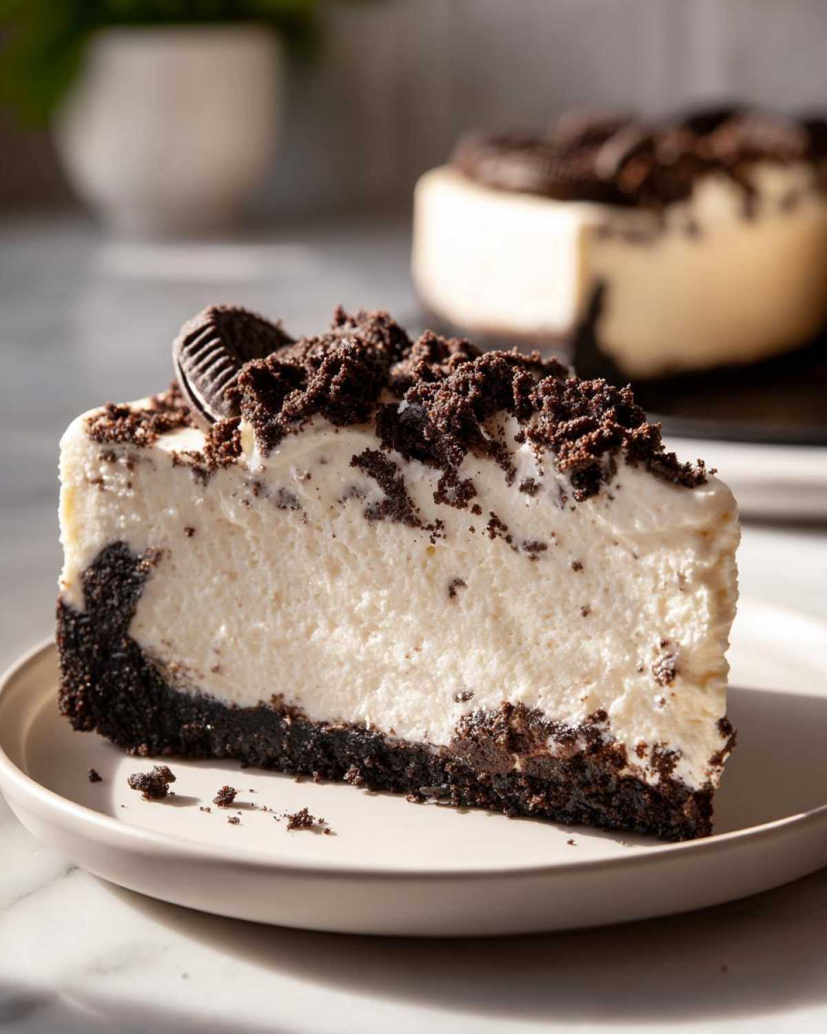 A thick slice of creamy no bake cheesecake with a dark chocolate cookie crust and topped with cookie crumbs and a mini cookie.