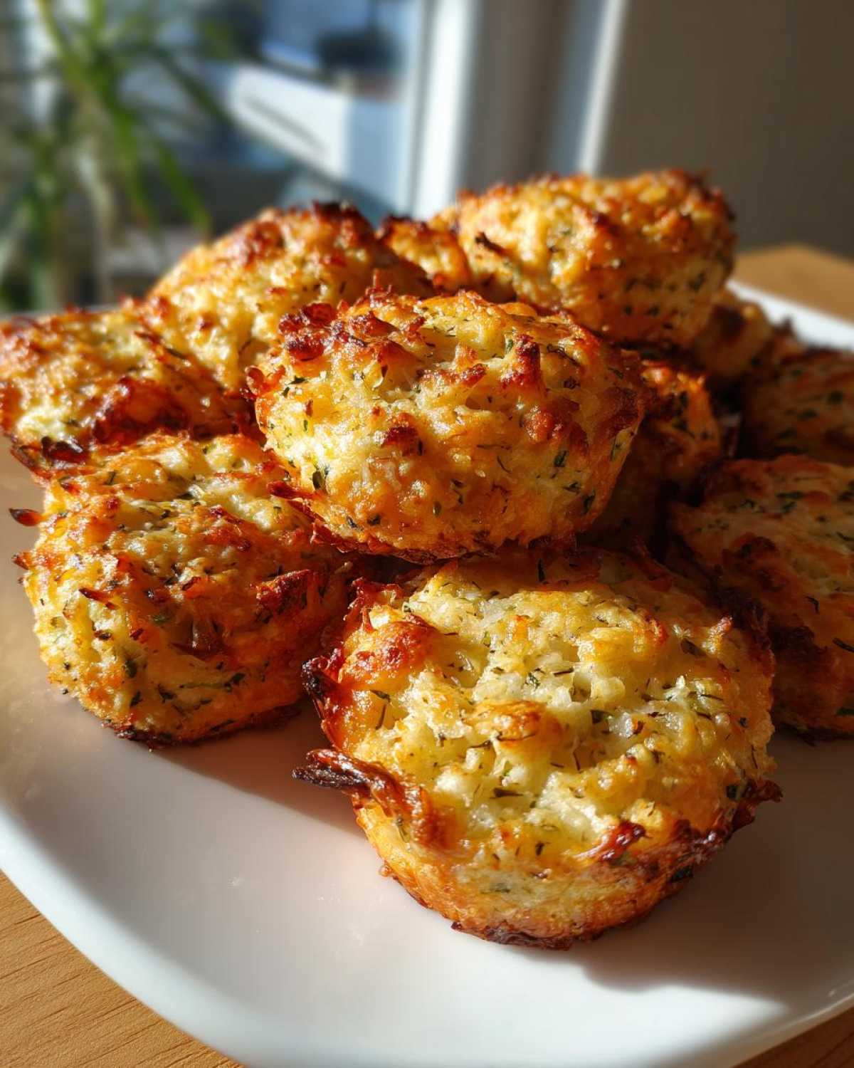 A pile of golden-brown, baked ovencrisped zucchini slices shaped like small muffins on a white plate.