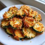 A close-up of perfectly golden ovencrisped zucchini slices piled high on a white plate, showing a crispy breadcrumb topping.