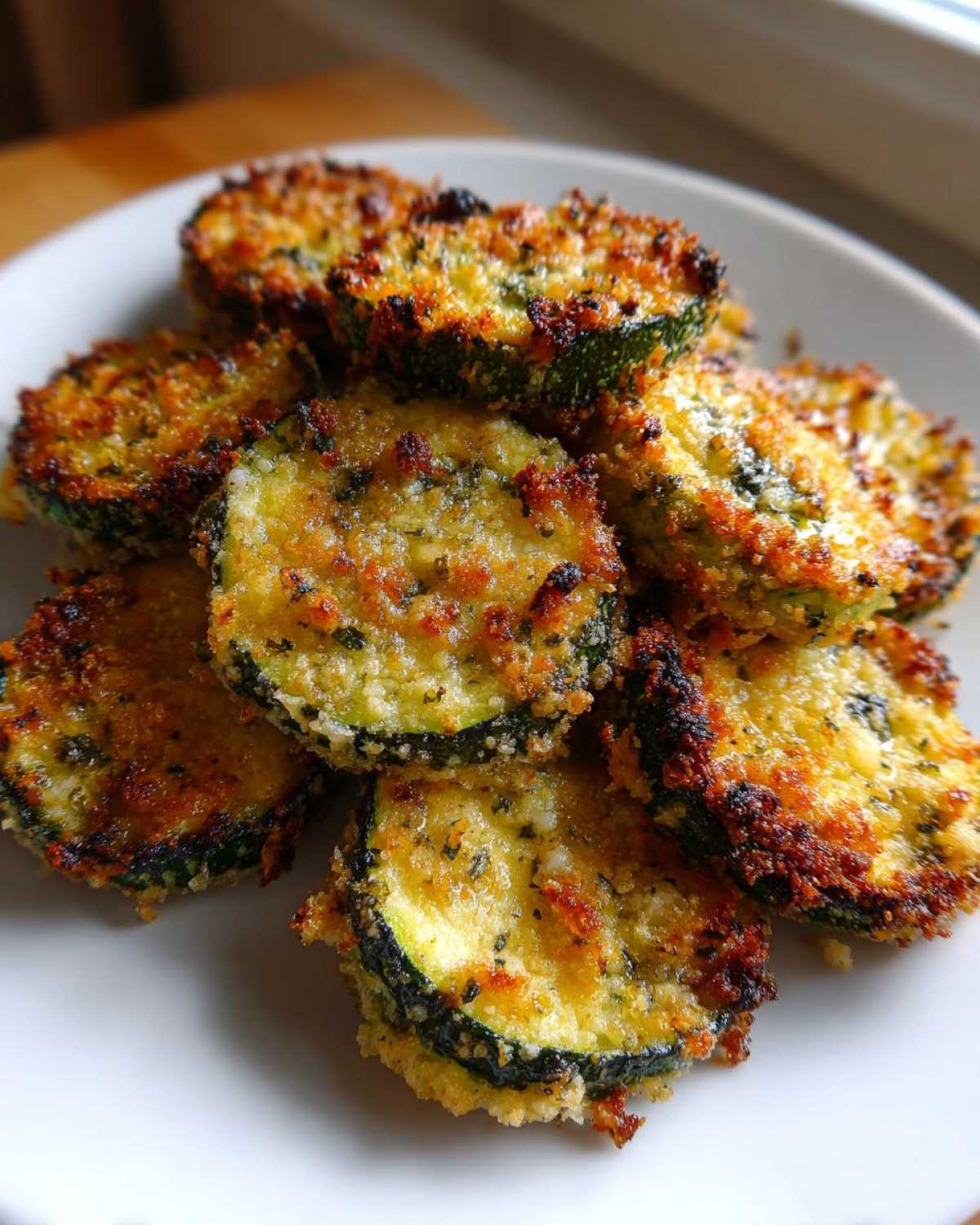 Close-up of several golden brown, ovencrisped zucchini slices stacked on a white plate.