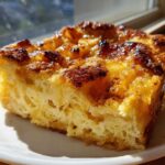 A close-up of a golden, caramelized slice of overnight french toast on a white plate, glistening with syrup.