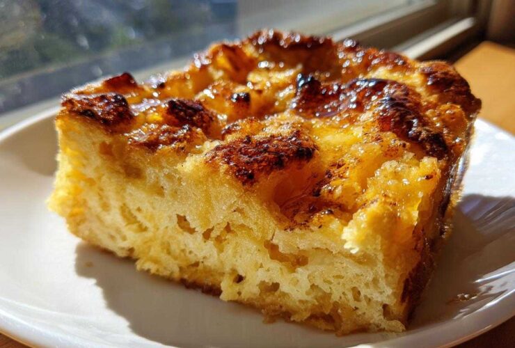 A close-up of a golden, caramelized slice of overnight french toast on a white plate, glistening with syrup.