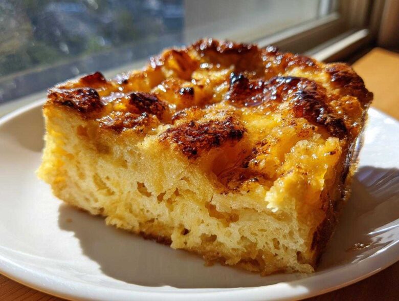 A close-up of a golden, caramelized slice of overnight french toast on a white plate, glistening with syrup.