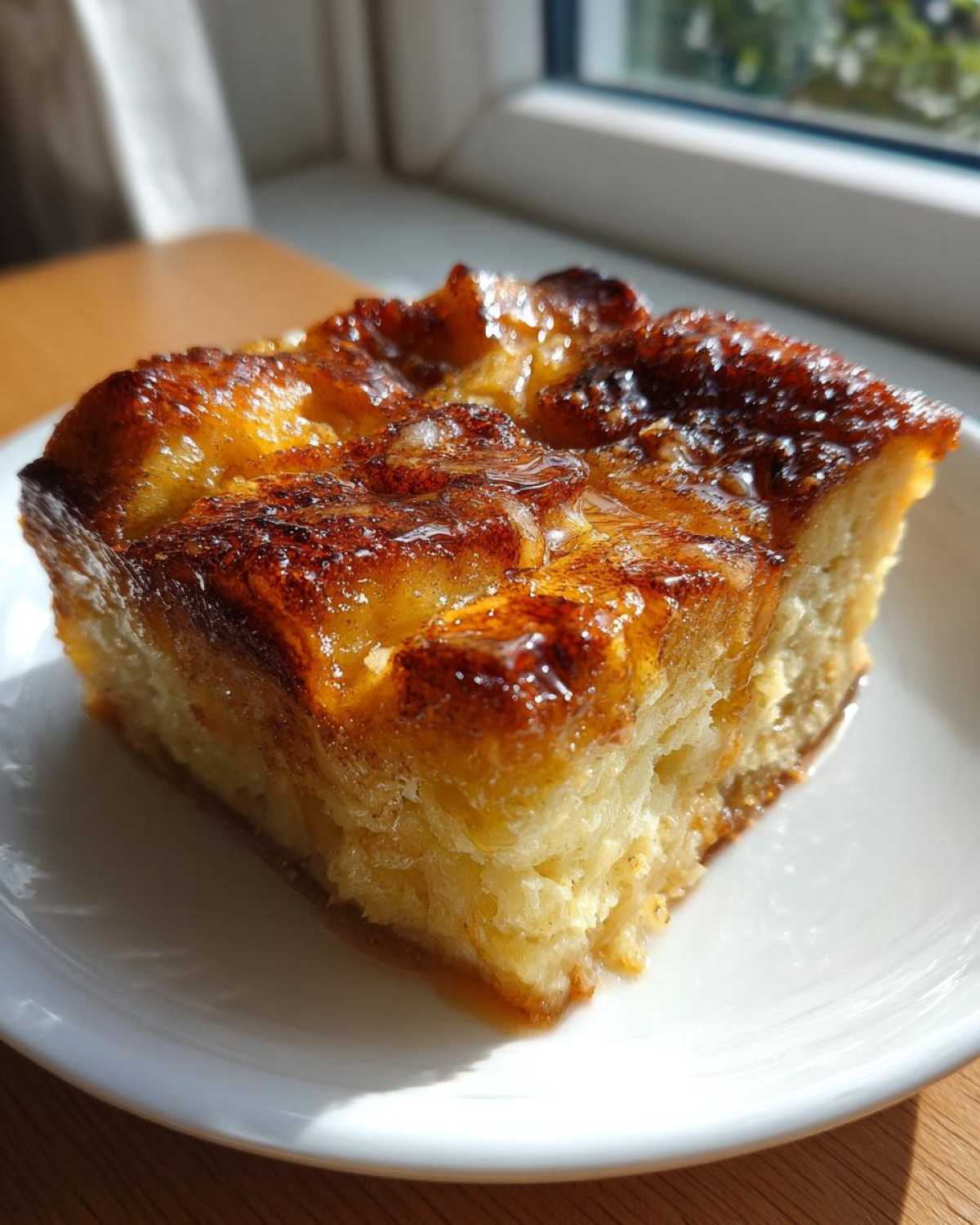 A square slice of golden brown overnight french toast on a white plate, glistening with syrup.