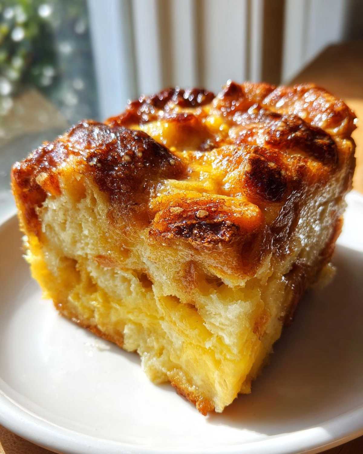 Close-up of a golden brown, caramelized slice of overnight french toast on a white plate.