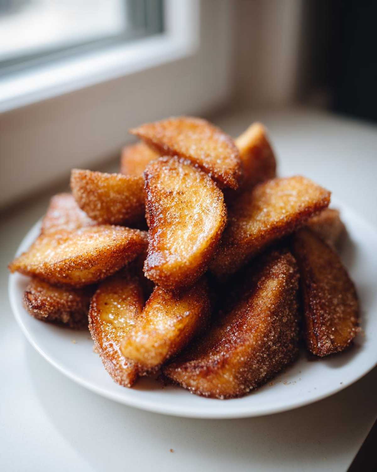 A close-up of perfectly cooked pan fried cinnamon apples piled high on a white plate.