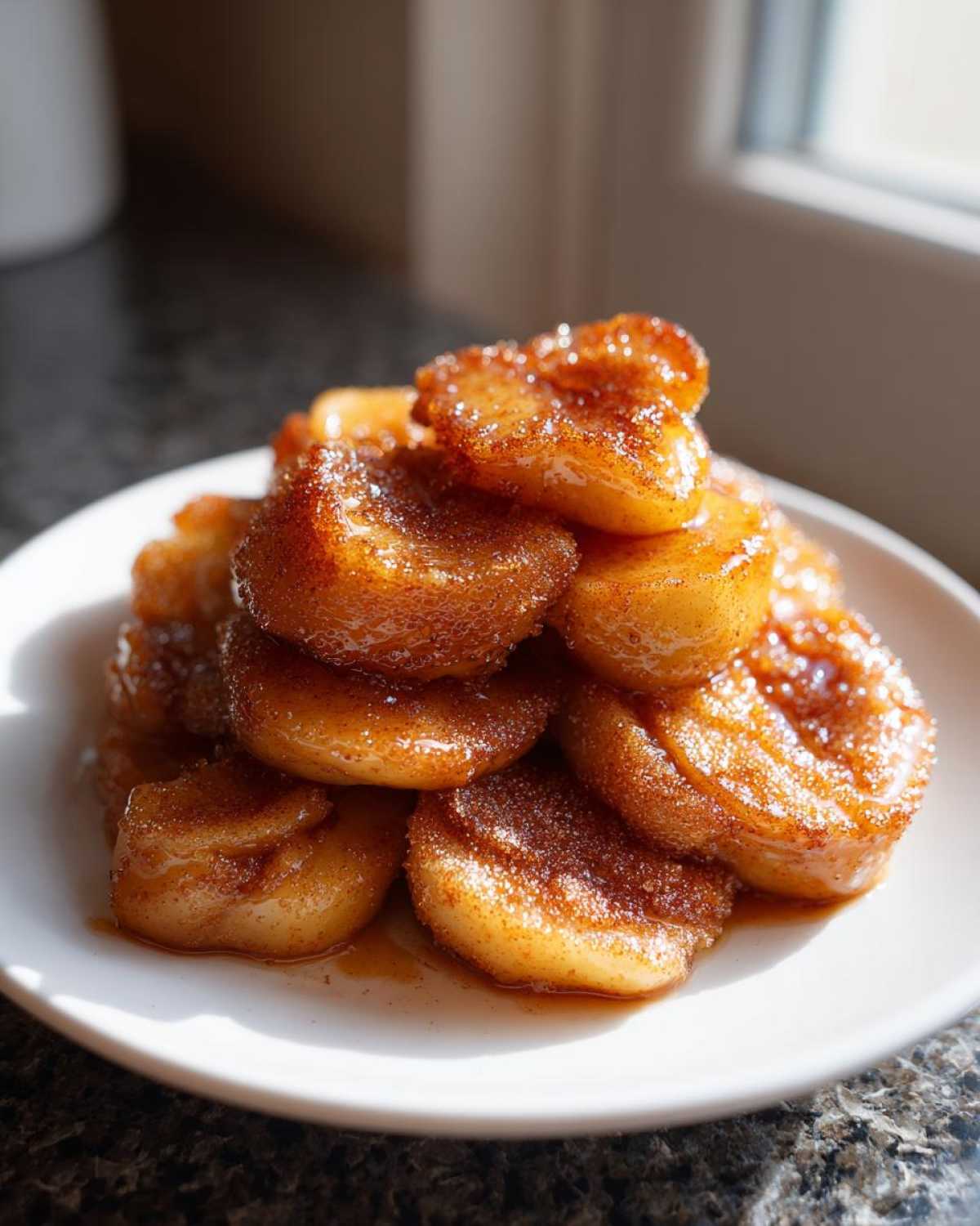 A stack of perfectly caramelized pan fried cinnamon apples glistening with syrup on a white plate.