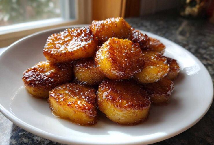 Close-up of perfectly caramelized pan fried cinnamon apples stacked on a white plate.