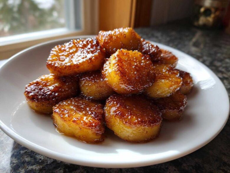 Close-up of perfectly caramelized pan fried cinnamon apples stacked on a white plate.
