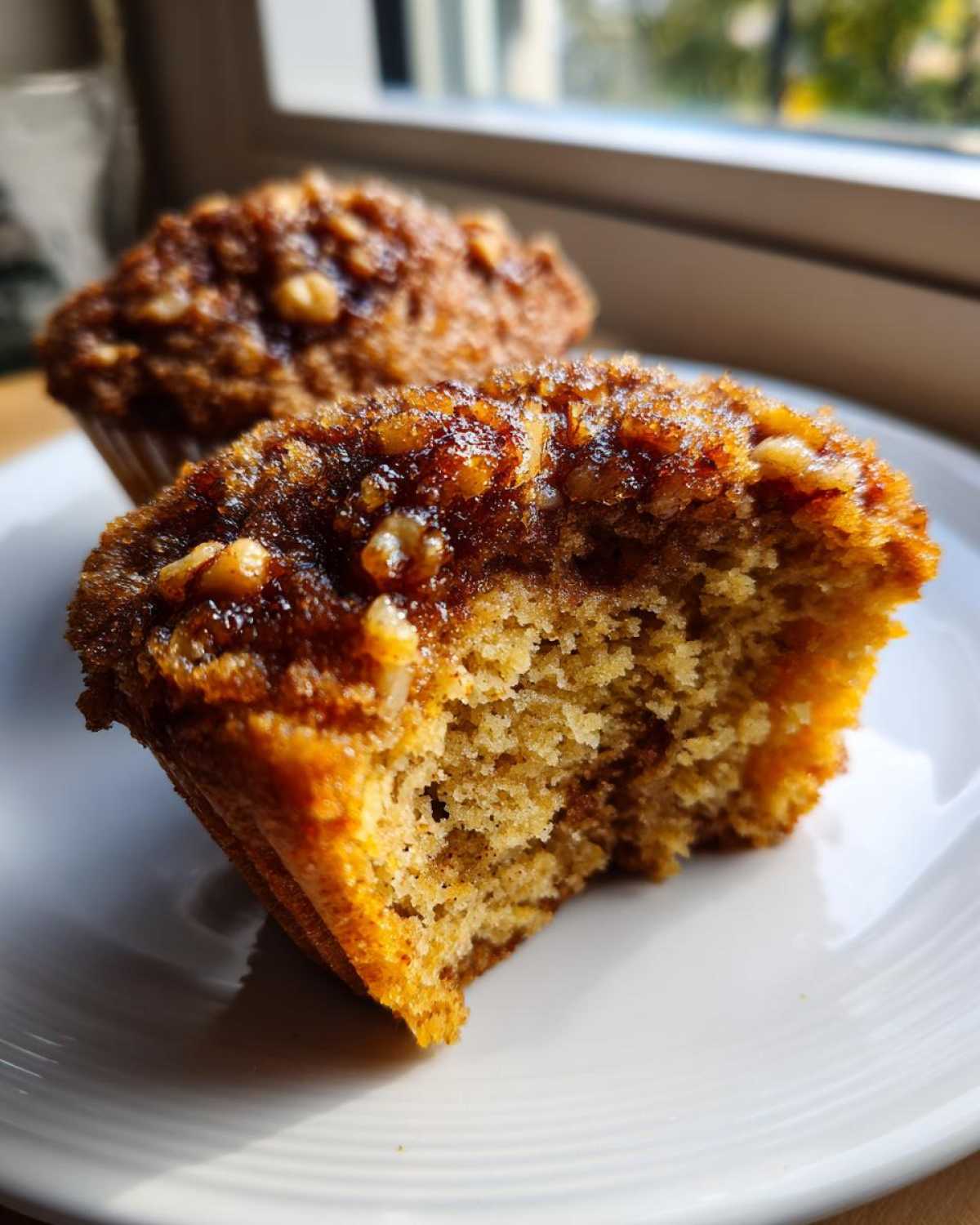 A close-up of a pecan pie muffin with a bite taken out, revealing the moist interior and sticky pecan topping.