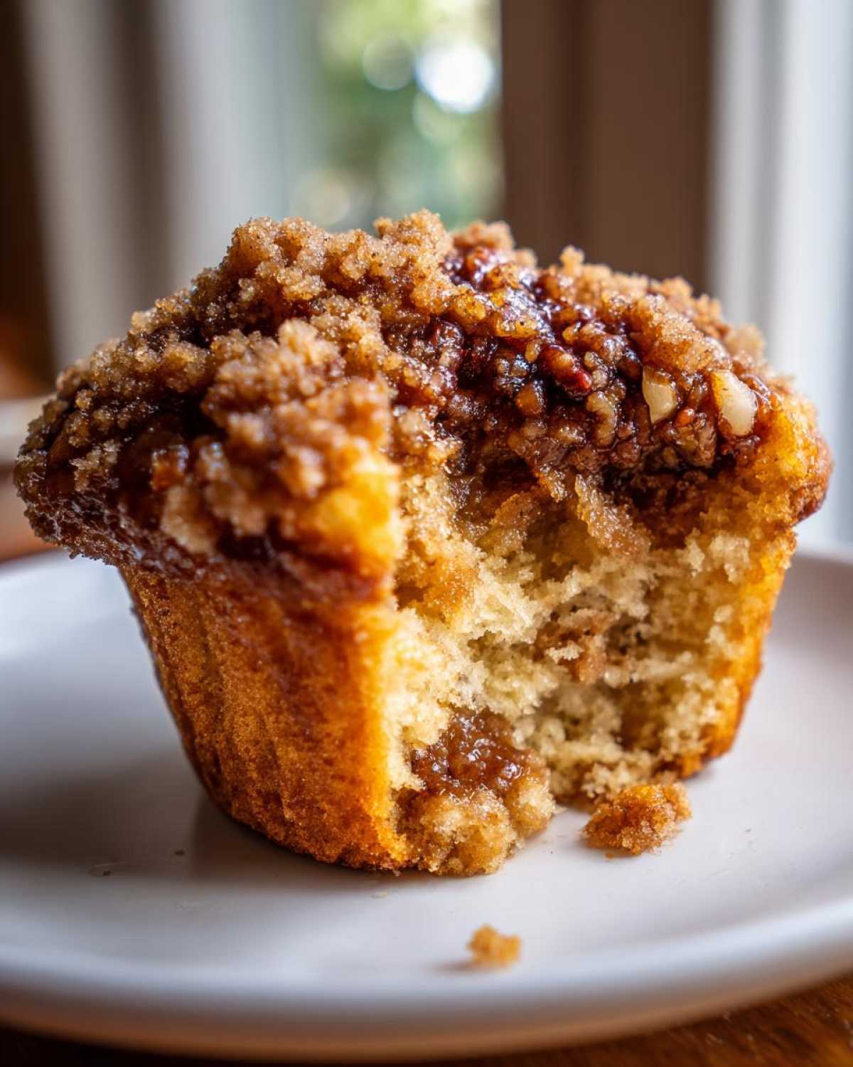 A close-up photo of a pecan pie muffins with a bite taken out, showing the moist interior and gooey pecan filling.