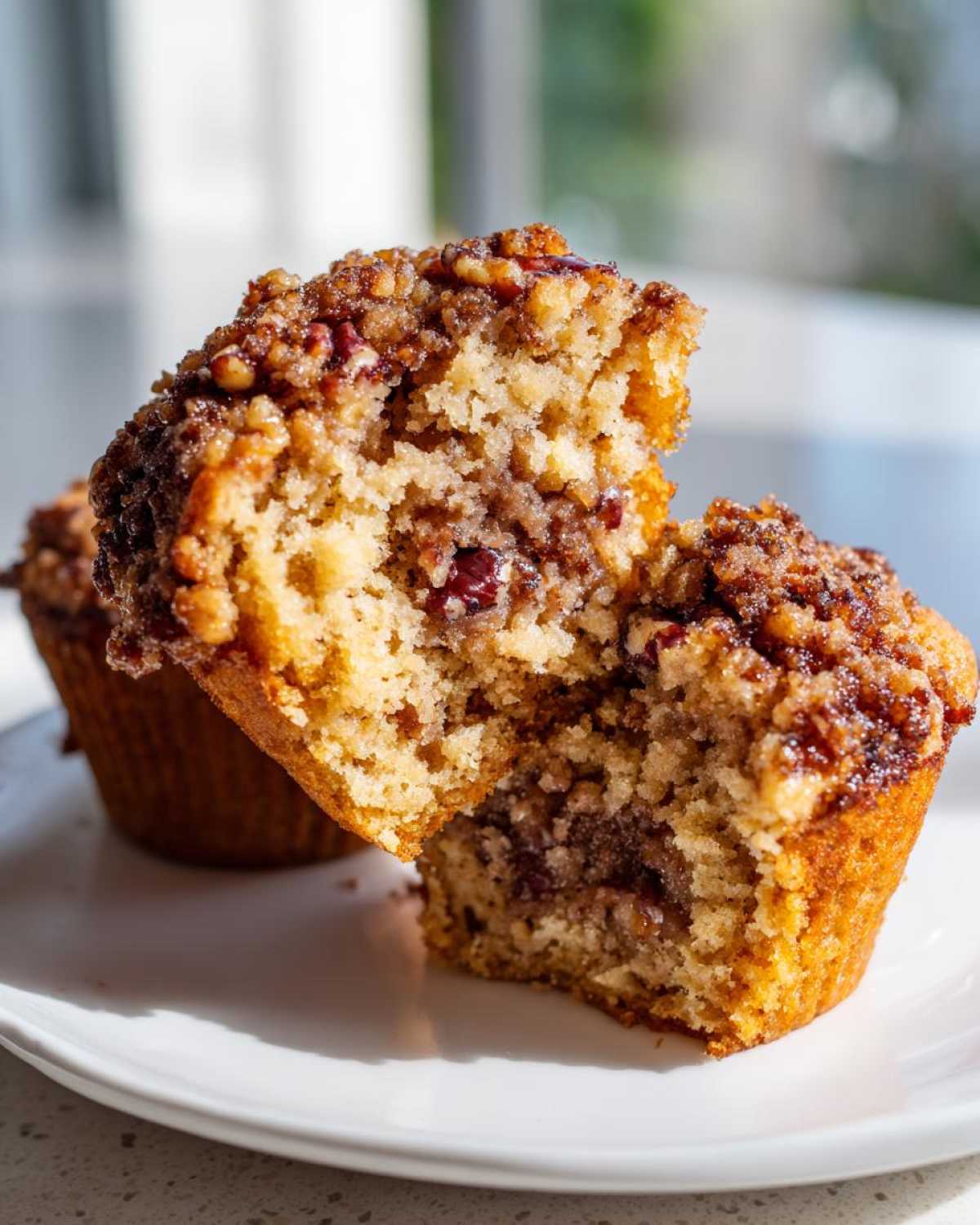 A pecan pie muffin cut in half showing the moist interior and crunchy pecan topping.
