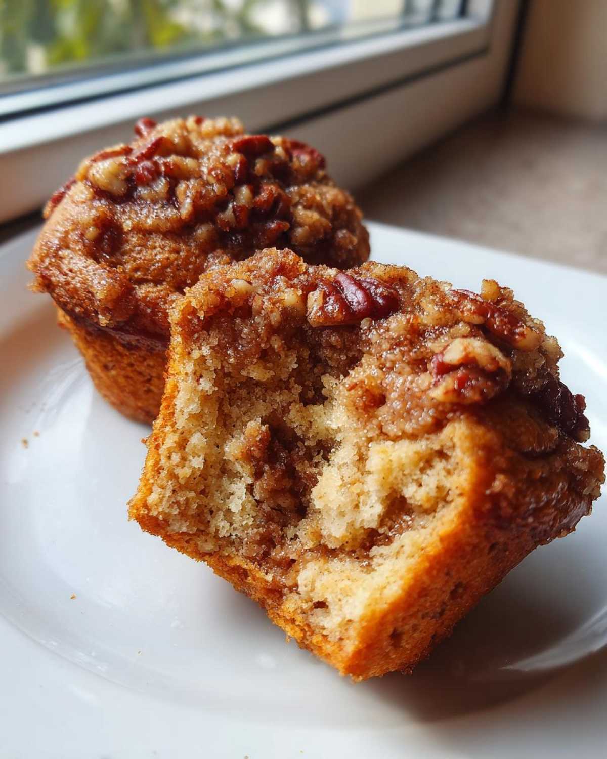 A pecan pie muffins, one cut in half showing the moist interior and pecan streusel topping.
