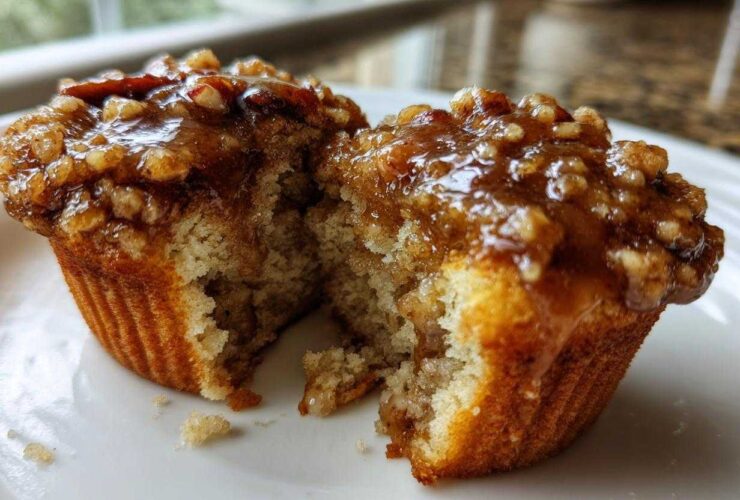 A pecan pie muffin cut in half, revealing a moist, cakey interior and a sticky, glazed pecan topping.