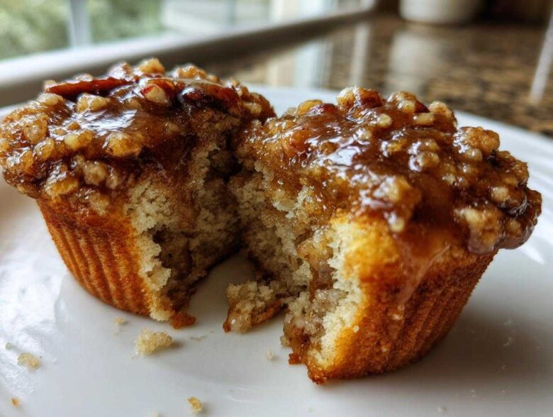 A pecan pie muffin cut in half, revealing a moist, cakey interior and a sticky, glazed pecan topping.