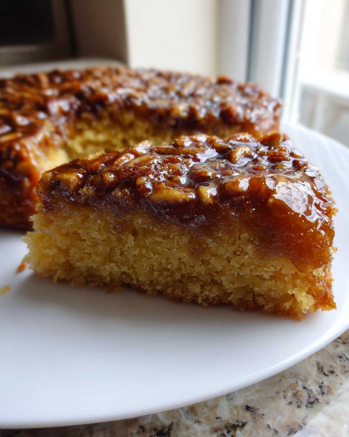A close-up slice of pecan upside down cake showing the moist crumb and sticky, glossy pecan topping.