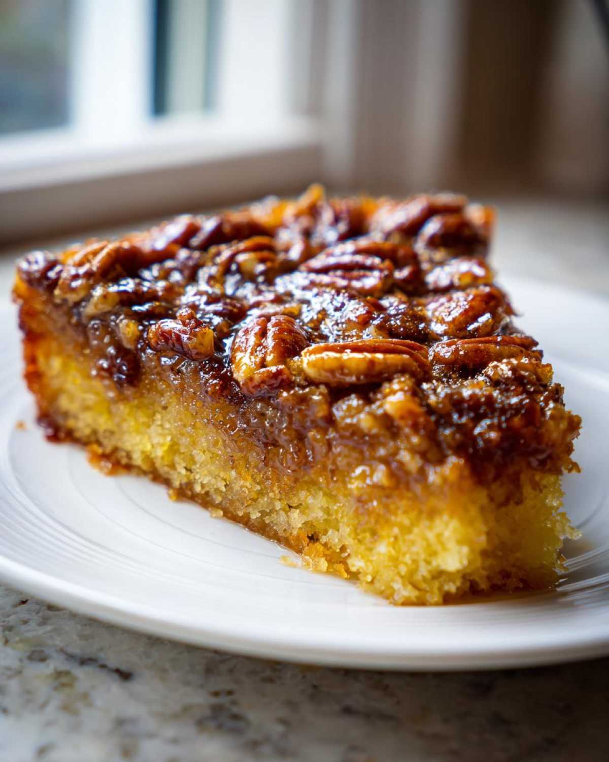 A close-up shot of a moist slice of pecan upside down cake with a glossy, caramelized pecan topping.