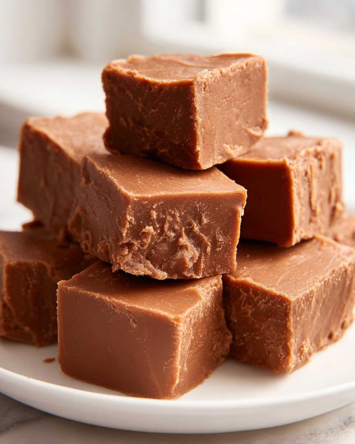 Close-up of several rich, brown squares of homemade penuche fudge stacked on a white plate.