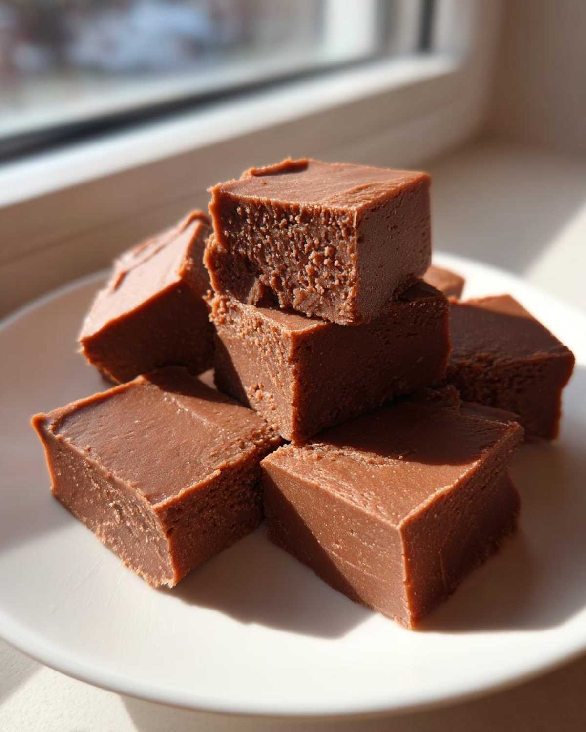 A stack of rich, brown squares of homemade penuche fudge piled on a white plate near a sunny window.