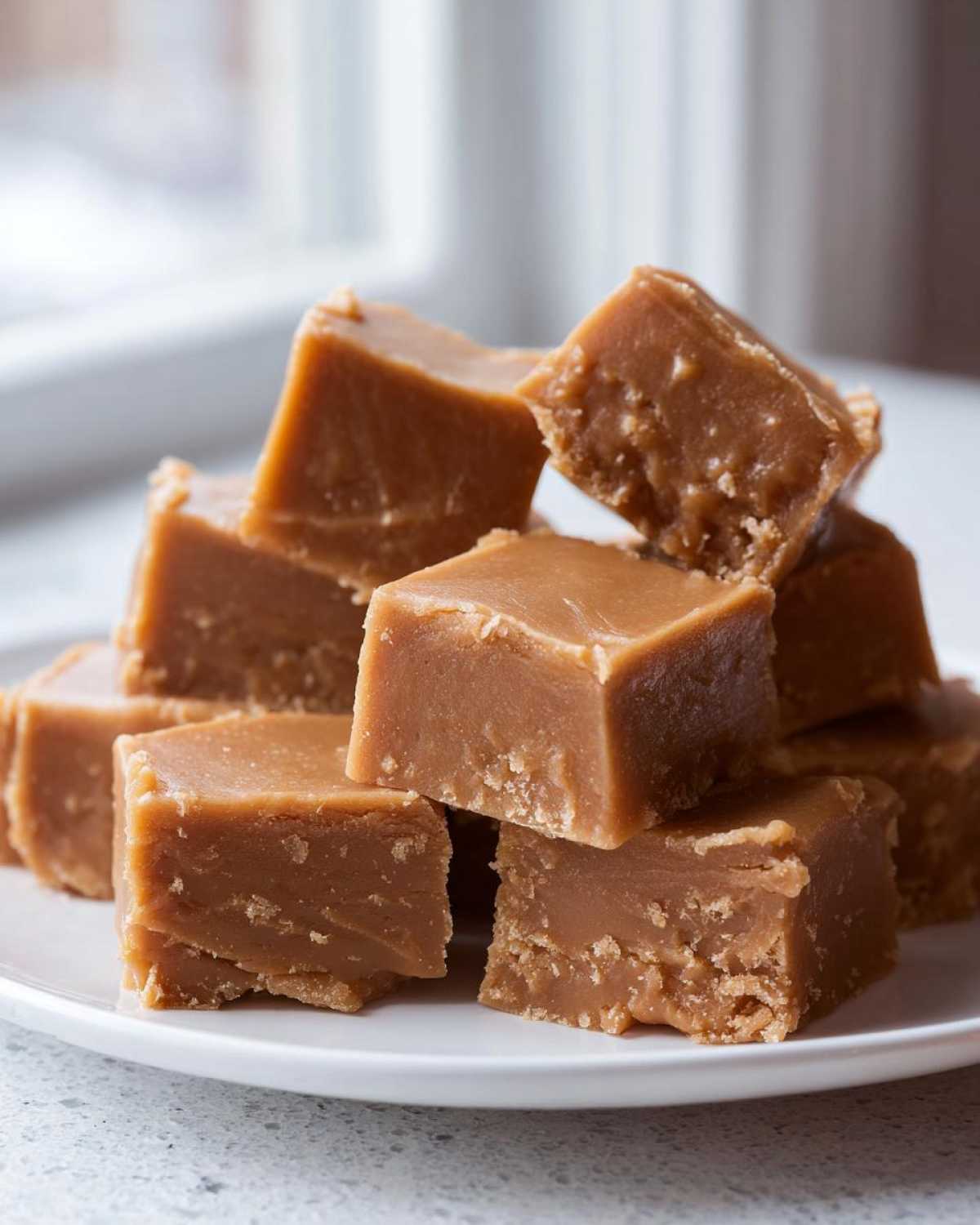 A stack of rich, brown squares of homemade penuche fudge resting on a white plate.